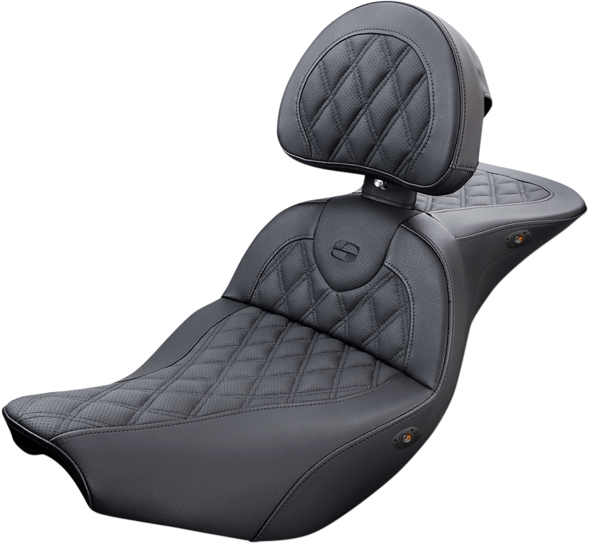 SADDLEMEN Roadsofa* Seat - With Backrest - Full Lattice Stitch - Heated - Black - '14-'19 INDIAN