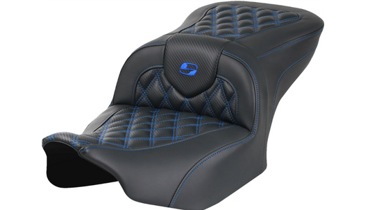 SADDLEMEN RoadSofa™ Seat - without Backrest - Carbon Fiber - Lattice Stitch - Blue Stitch - Touring '23.5-'25