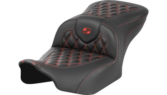 SADDLEMEN RoadSofa™ Seat - without Backrest - Carbon Fiber - Lattice Stitch - Red Stitch - Touring '23.5-'25