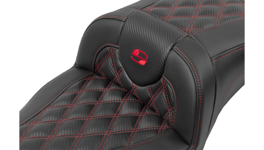 SADDLEMEN Roadsofa™ Extended Reach Seat - without Backrest - Lattice Stitch - Red Stitch - Touring '23.5-'25
