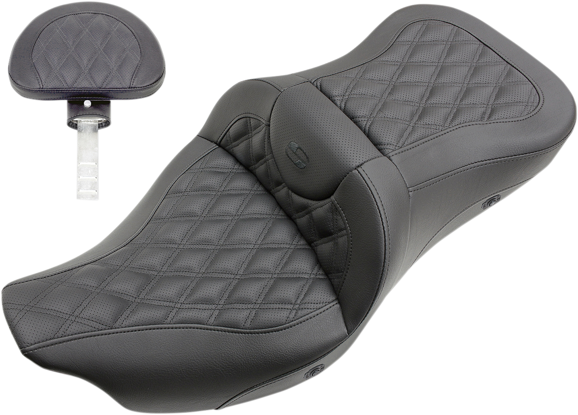 SADDLEMEN Roadsofa Seat - Heated - Full Lattice Stitch - with Backrest - Black - '09-'25 TRI GLIDE, ULTRA CLASSIC, LIMITED