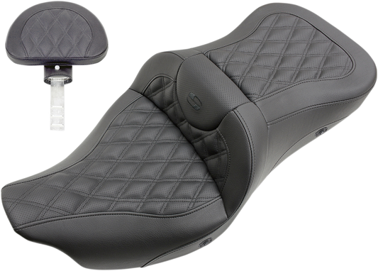SADDLEMEN Roadsofa Seat - Heated - Full Lattice Stitch - with Backrest - Black - '09-'25 TRI GLIDE, ULTRA CLASSIC, LIMITED