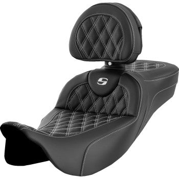 SADDLEMEN Roadsofa™ Extended Reach Seat - Lattice Stitch - White Stitch - with Backrest - FL '08-'24