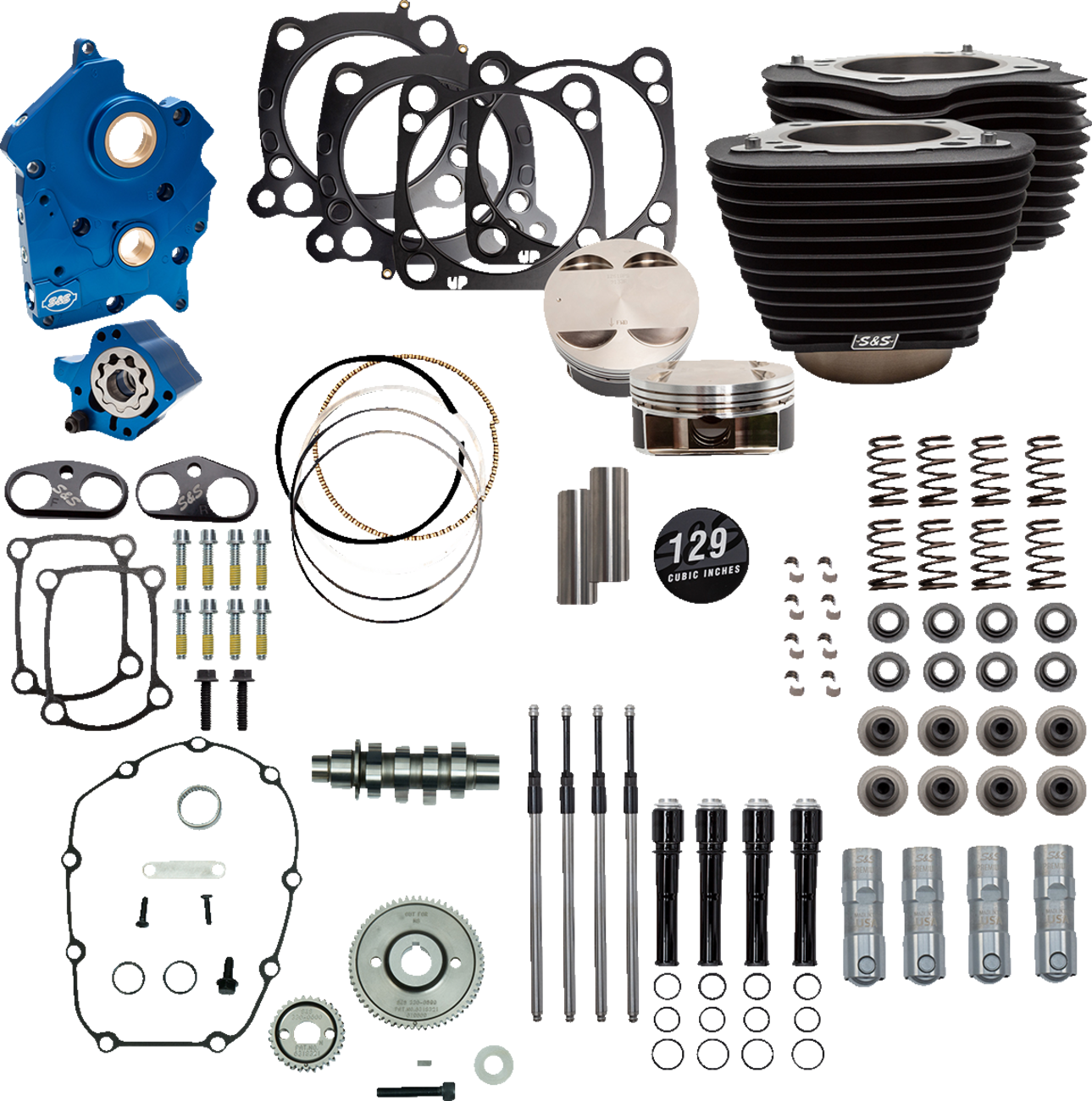 S&S CYCLE 129" Power Package Engine Performance Kit - Gear Drive - Oil Cooled - Non-Highlighted Fins - M8
