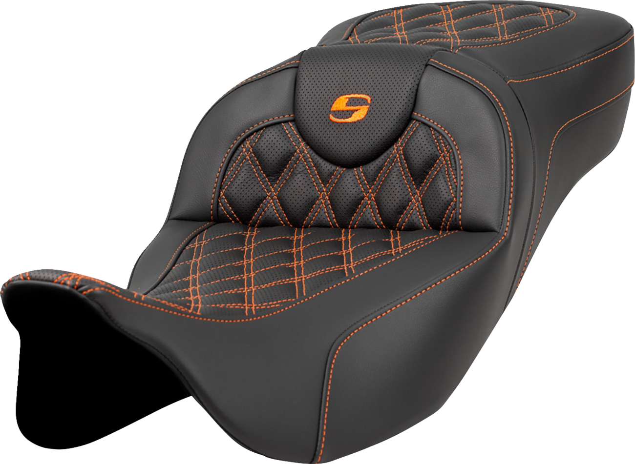 SADDLEMEN Extended Reach Roadsofa™ Seat - Lattice Stitch - Orange Stitch - without Backrest - Touring '08-'24