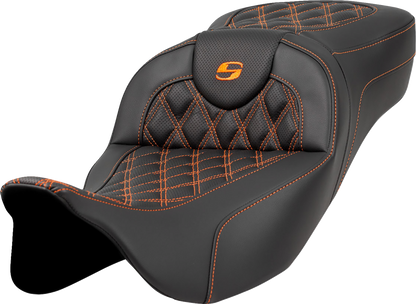 SADDLEMEN Extended Reach Roadsofa™ Seat - Lattice Stitch - Orange Stitch - without Backrest - Touring '08-'24