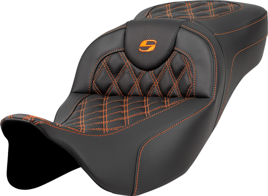 SADDLEMEN Extended Reach Roadsofa™ Seat - Lattice Stitch - Orange Stitch - without Backrest - Touring '08-'24