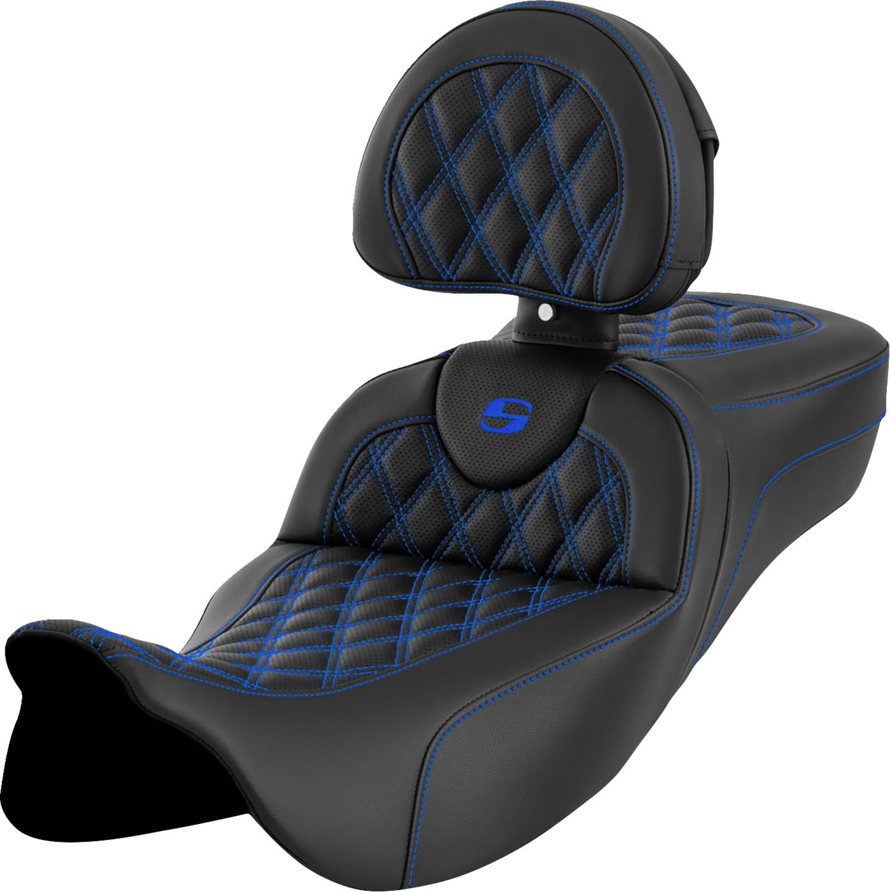 SADDLEMEN Roadsofa™ Extended Reach Seat - Lattice Stitch - Blue Stitch - with Backrest - Touring '08-'24