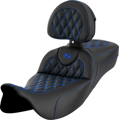 SADDLEMEN Roadsofa™ Extended Reach Seat - Lattice Stitch - Blue Stitch - with Backrest - Touring '08-'24