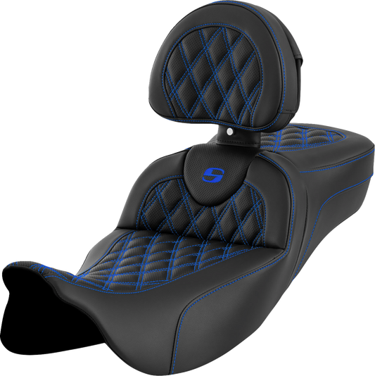 SADDLEMEN Roadsofa™ Extended Reach Seat - Lattice Stitch - Blue Stitch - with Backrest - Touring '08-'24
