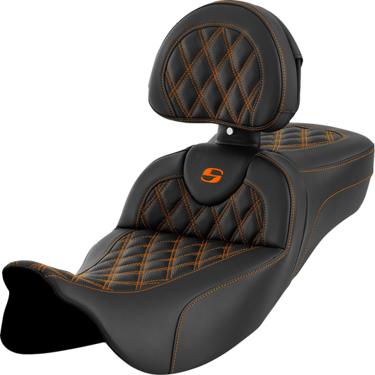 SADDLEMEN Roadsofa™ Extended Reach Seat - Lattice Stitch - Orange Stitch - with Backrest - Touring '08-'24
