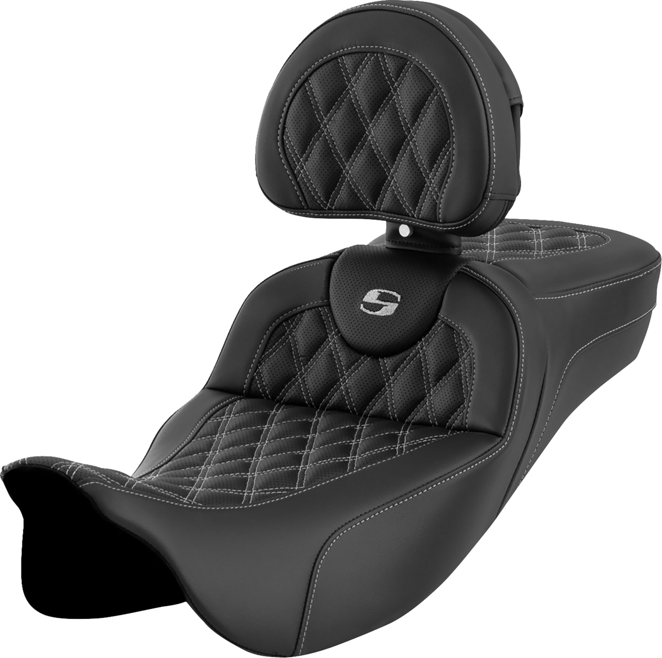SADDLEMEN Roadsofa™ Extended Reach Seat - Lattice Stitch - Silver Stitch - with Backrest - Touring '08-'24
