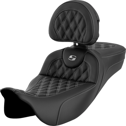SADDLEMEN Roadsofa™ Extended Reach Seat - Lattice Stitch - Silver Stitch - with Backrest - Touring '08-'24