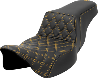 SADDLEMEN Step-Up Seat - Front Lattice Stitch - Gold Stitch - Extended Reach - Touring '08-'24