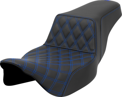 SADDLEMEN Step-Up Seat - Front Lattice Stitch - Blue Stitch - Extended Reach - Touring '08-'24