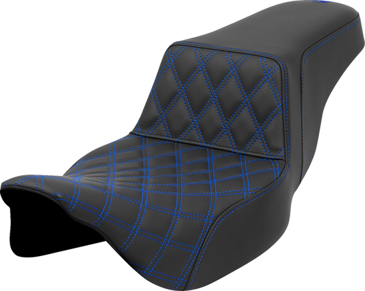 SADDLEMEN Step-Up Seat - Front Lattice Stitch - Blue Stitch - Extended Reach - Touring '08-'24