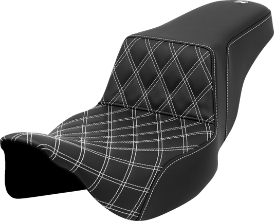 SADDLEMEN Step-Up Seat - Front Lattice Stitch - White Stitch - Extended Reach - Touring '08-'24