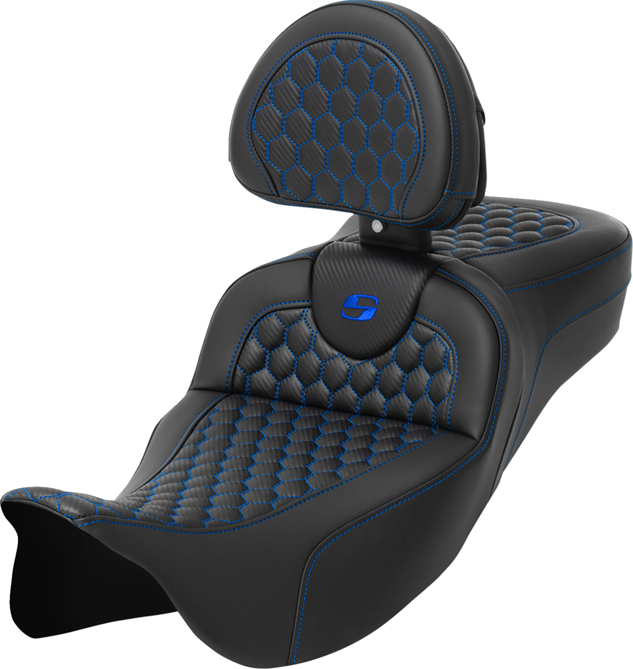 SADDLEMEN RoadSofa™ Seat - Honeycomb - Blue Stitch - with Backrest - Extended Reach - Touring '08-'24