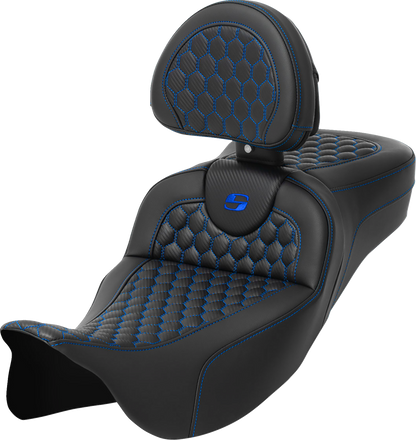 SADDLEMEN RoadSofa™ Seat - Honeycomb - Blue Stitch - with Backrest - Extended Reach - Touring '08-'24