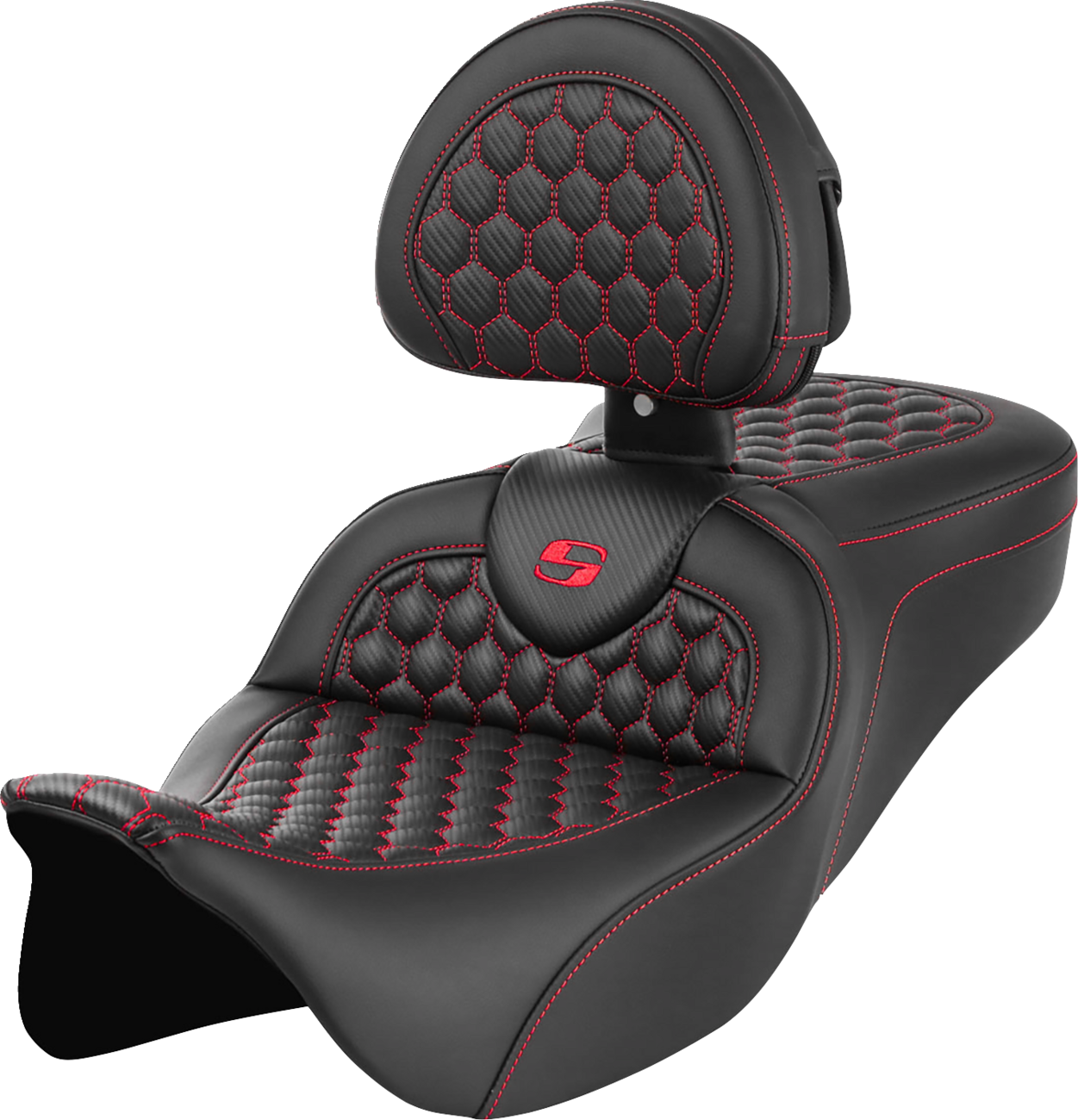SADDLEMEN RoadSofa™ Seat - Honeycomb - Red Stitch - with Backrest - Touring '08-'24