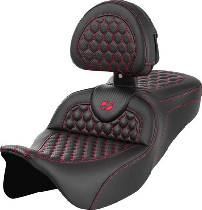 SADDLEMEN RoadSofa™ Seat - Honeycomb - Red Stitch - with Backrest - Touring '08-'24