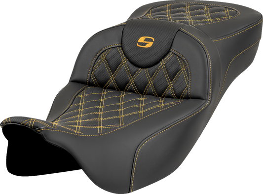 SADDLEMEN Roadsofa™ Extended Reach Seat - Lattice Stitch - Gold Stitch - without Backrest - Touring '08-'24