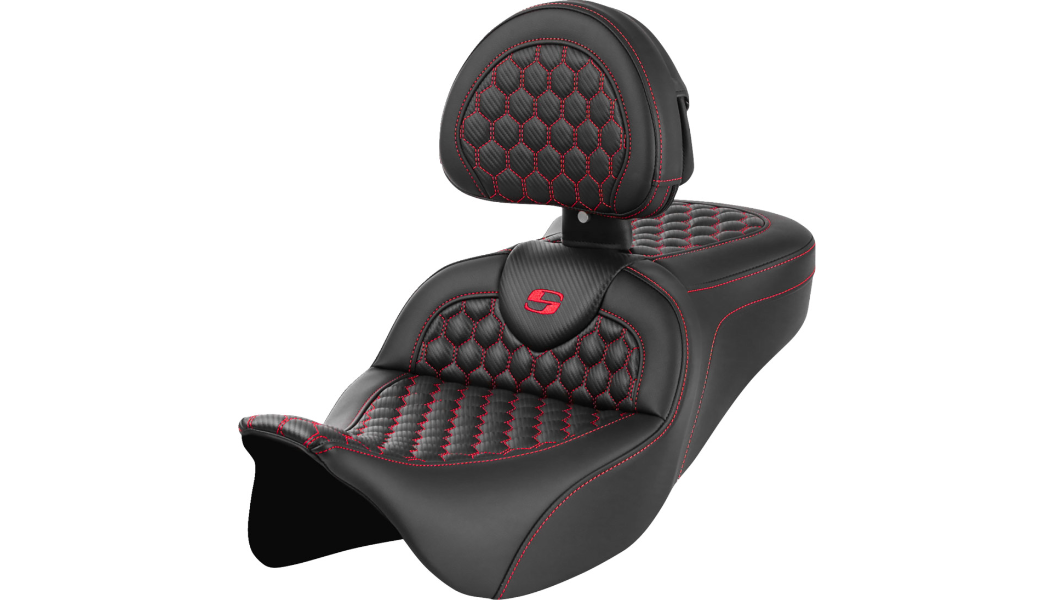 SADDLEMEN RoadSofa™ Seat - Honeycomb - Red Stitch - with Backrest - FLH/FLT '08-'23