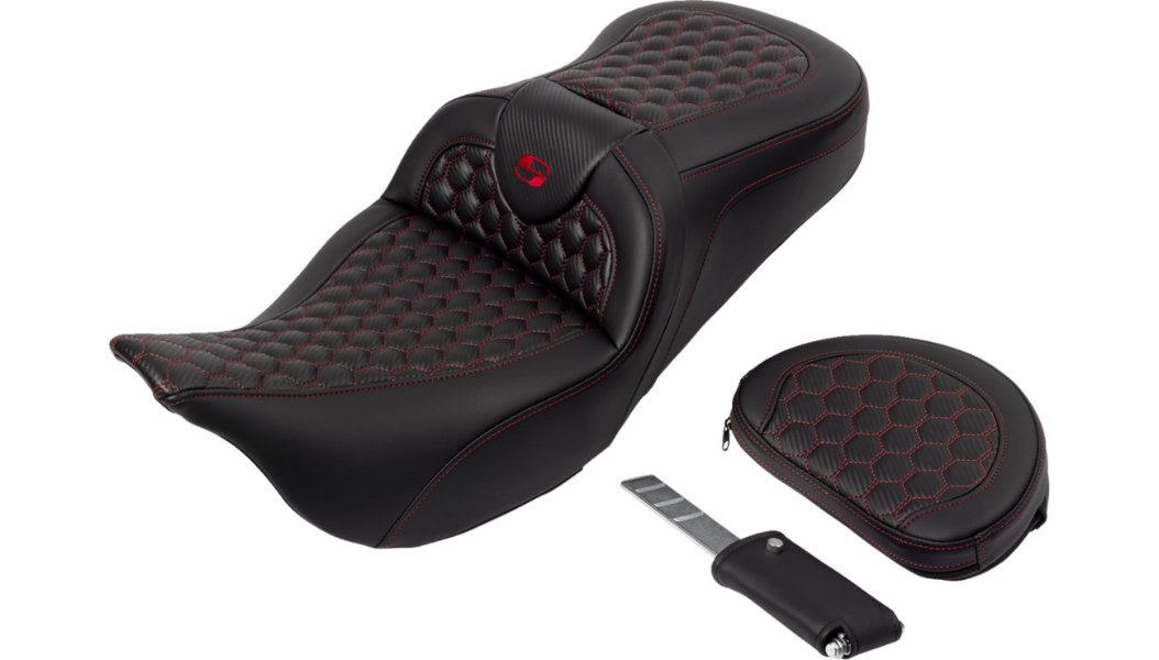 SADDLEMEN RoadSofa™ Seat - Honeycomb - Red Stitch - with Backrest - FLH/FLT '08-'23