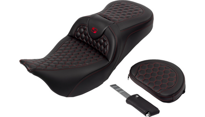 SADDLEMEN RoadSofa™ Seat - Honeycomb - Red Stitch - with Backrest - FLH/FLT '08-'23