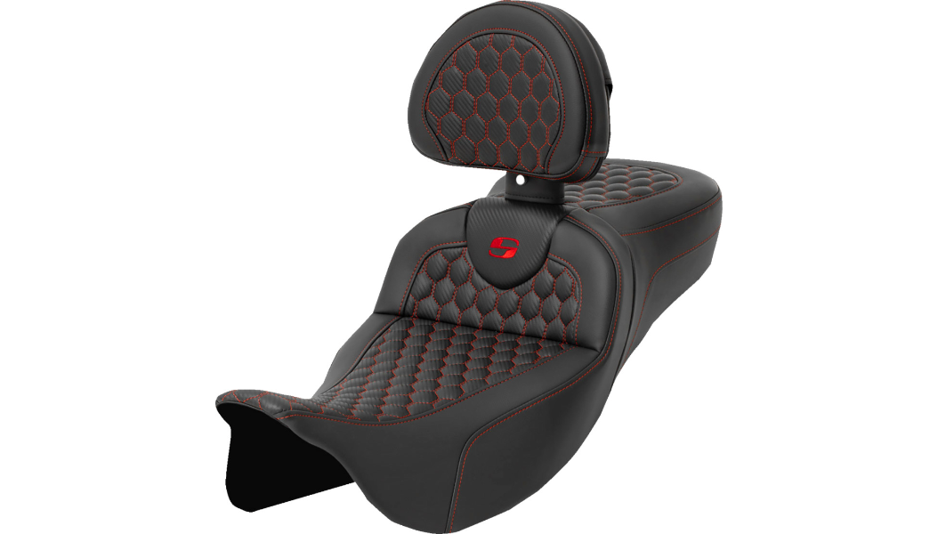 SADDLEMEN RoadSofa™ Seat - Honeycomb - Red Stitch - with Backrest - Extended Reach - FLH/FLT '08-'24