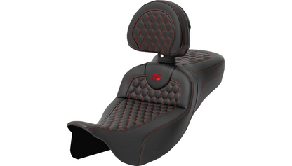 SADDLEMEN RoadSofa™ Seat - Honeycomb - Red Stitch - with Backrest - Extended Reach - FLH/FLT '08-'24